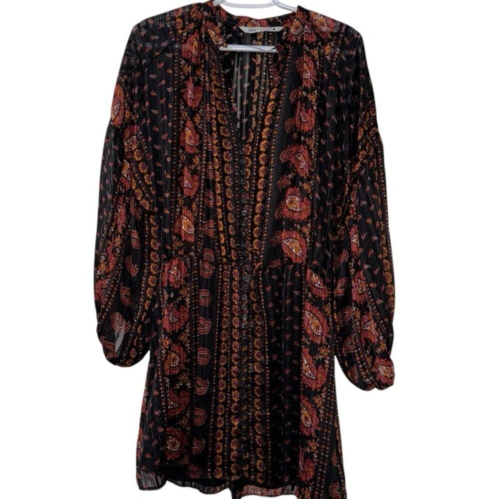 ZARA Black Paisley Print Mini Dress Long Sleeve Boho V Neck Small